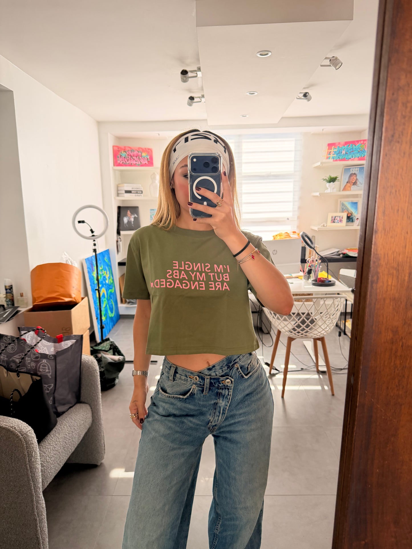 'Im Single but my ABS are ENGAGED' Crop Green & Pink T-Shirt