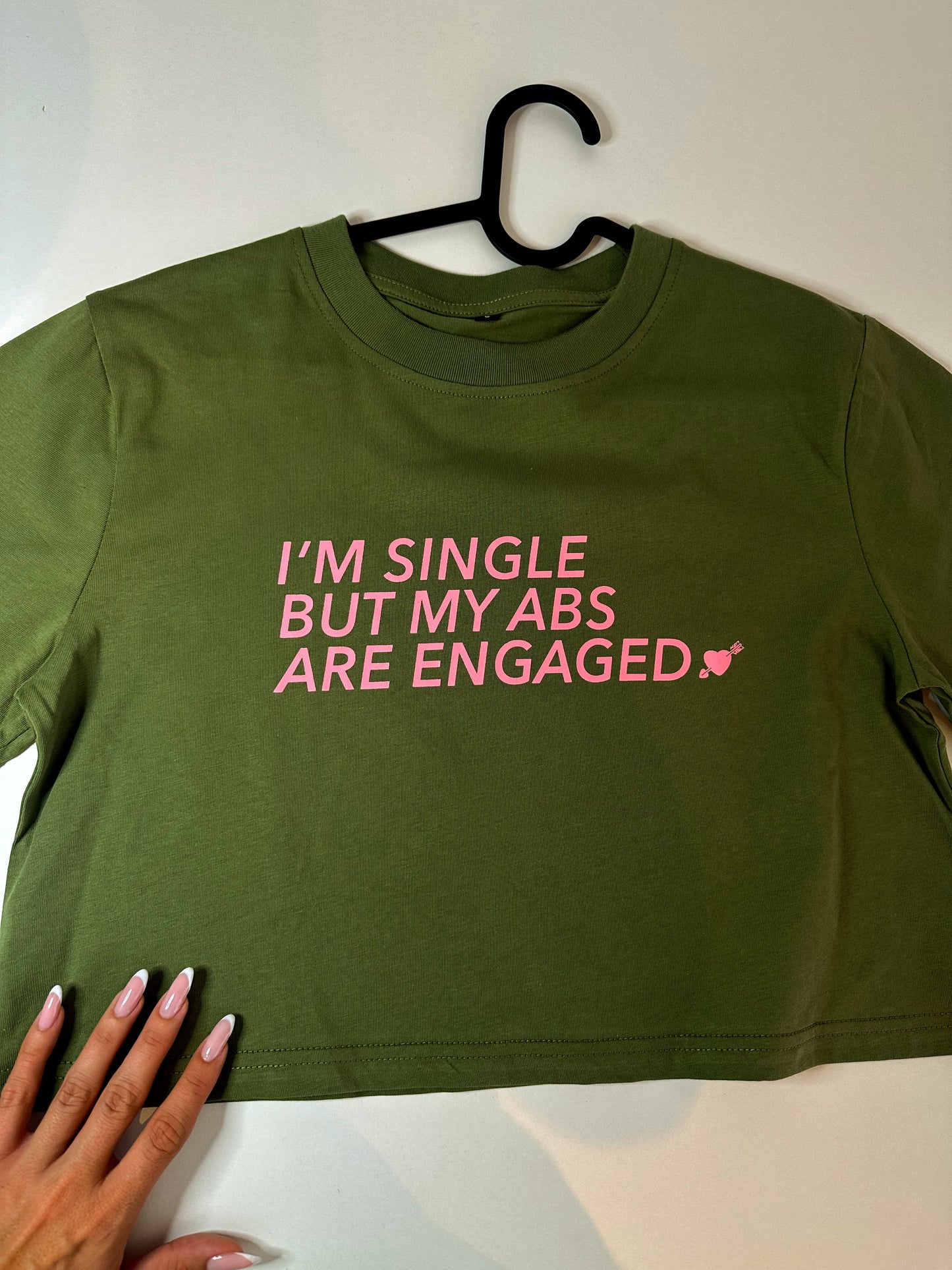 'Im Single but my ABS are ENGAGED' Crop Green & Pink T-Shirt